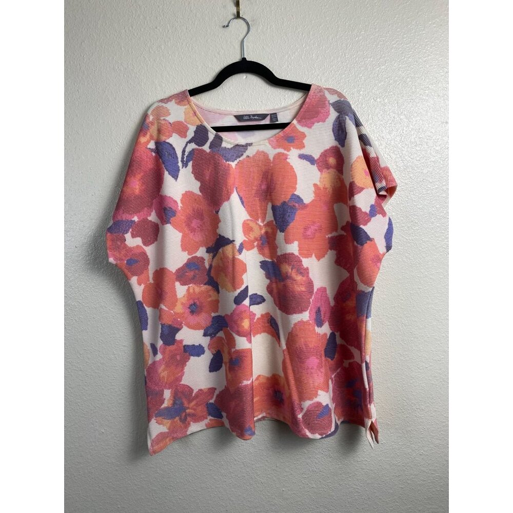 Ulla Popken Floral Short Sleeve Boho Top Women Plus size 20/22 Ribbed‎ Orange